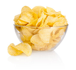Potato chips in a glass bowl isolated on white background