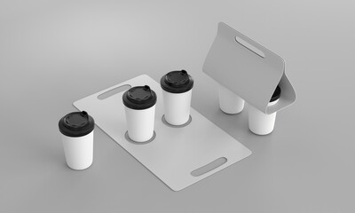 3D Coffee cups in white paper holders. Folding cardboard packaging for take away hot drinks. Realistic mockup of blank carriers for disposable tea cups with black caps, 3D render illustration