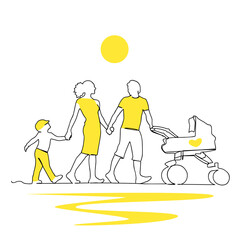 Continuous line drawing of happy family dad, mom, and child. Dad is driving a stroller. Single line art concept of small family. Vector illustration. Yellow color.