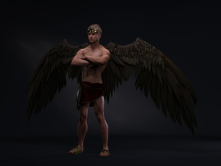 3D Render : Portrait of handsome warrior male angel with wings with the studio background, pin-up concept
