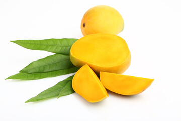 King of fruits; Alphonso Mango fruit with green leaf isolated on white background