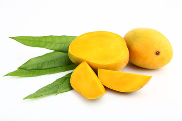 King of fruits; Alphonso Mango fruit with green leaf isolated on white background