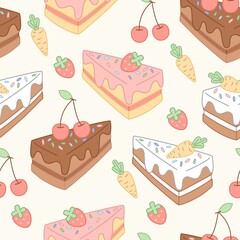 Seamless pattern of three pieces of different cakes. 