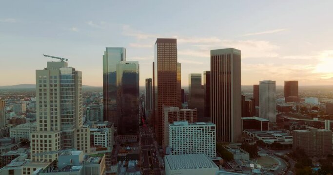 Los Angeles downtown skyline. Los angels city on sunset.