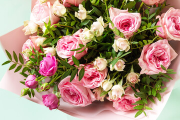 Mother's day, womens day or birthday card. Beautiful bouquet of blooming delicate pink roses.