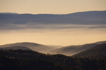 Obraz premium Scenic landscape with mountains covered in fog. Yedigoller National Park, Bolu, Turkey.