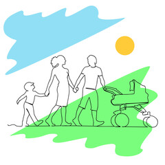 Continuous line drawing of happy family dad, mom, and child. Dad is driving a stroller. Single line art concept of small family. Vector illustration. Blue, yellow, green colors.