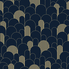 Abstract seamless pattern, art deco retro style. Vector nostalgic vintage geometric background with arcs and stripes. Dark colors and gold line art illustration. Fabric, paper, stationery, wallpaper