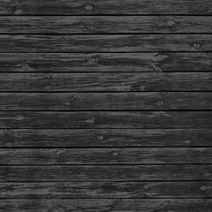 Old black knotty wooden board texture. Dark gray rough horizontal wood plank square background