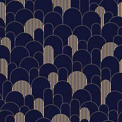 Obraz premium Abstract seamless pattern, art deco retro style. Vector nostalgic vintage geometric background with arcs and stripes. Dark colors and gold line art illustration. Fabric, paper, stationery, wallpaper