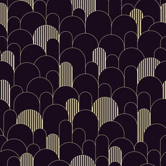 Abstract seamless pattern, art deco retro style. Vector nostalgic vintage geometric background with arcs and stripes. Dark colors and gold line art illustration. Fabric, paper, stationery, wallpaper - 497443599