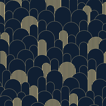 Abstract seamless pattern, art deco retro style. Vector nostalgic vintage geometric background with arcs and stripes. Dark colors and gold line art illustration. Fabric, paper, stationery, wallpaper
