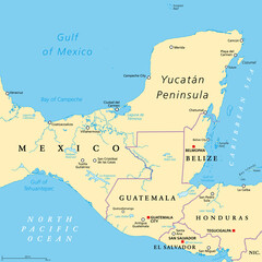 Yucatan Peninsula political map. Large peninsula in southeastern Mexico and adjectants portions of Belize and Guatemala, separating the Gulf of Mexico and Caribbean Sea. With El Salvador and Honduras. - obrazy, fototapety, plakaty
