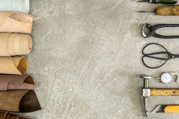 Top view materials and instruments on cutting mat for chopping measurement leatherwork details