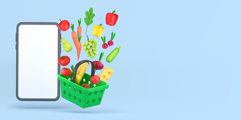 Grocery store online. Food ordering and food delivery via mobile phone application. Concept of vegetables, fruits, phone and shopping cart on blue background. 3d illustration.