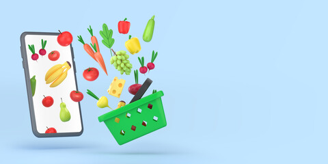 Grocery store online. Food ordering and food delivery via mobile phone application. Concept of vegetables, fruits, phone and shopping cart on blue background. 3d illustration.