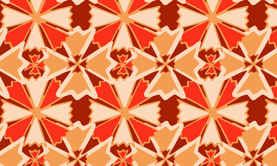 Patterned pattern of cream and orange geometric shapes and beige abstract flowers on a light brown background. Chic and cheerful style. Can be used for packaging, textile or decoration.