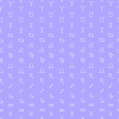 Zodiac signs seamless pattern. Colorful repeating texture for apparel, fabric design. Astrology vector background. Horoscope symbols on pastel violet background