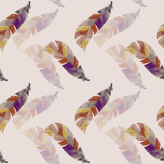Feather seamless pattern on watercolor painted