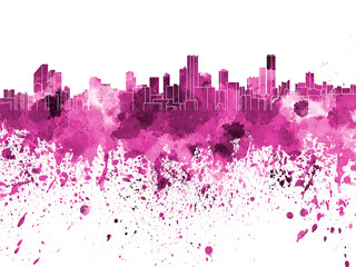 Bogota skyline in pink watercolor on white background