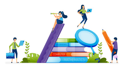 Education illustration of students are around piles of books and stationery to research and learn knowledge in school environment. Landing page, web, website, banner, ads, card, apps, brochure, flyer