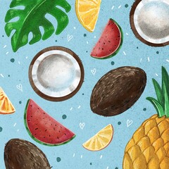 Hand Drawing Markers Tropical Fruits Pattern. Cute style Watermelons, coconuts, pineapples, lemons and tropical leaves isolated on blue background. Use for poster, card, design, print, pattern