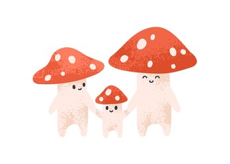 Cute amanita family. Happy fairytale fly agarics, parents and child. Funny fairy tale mushrooms with adorable faces. Baby fiction. Childish flat vector illustration isolated on white background
