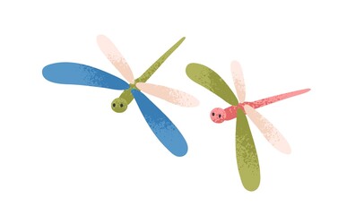 Cute dragonflies couple flying. Sweet spring insects in air. Fairytale baby characters with wings in flight. Childish kids flat vector illustration isolated on white background