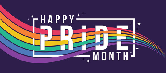 Happy pride month - waving rainbow pride flag with flag bar cross PRIDE text on purple background vector design - obrazy, fototapety, plakaty