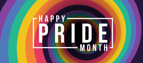 Happy pride month text on rainbow pride flag spiral coil texture background vector design - obrazy, fototapety, plakaty