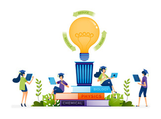 Vector illustration of Environmental program students study impact of processing waste to be reduced, reused and recycled. Can be used to landing page, web, website, poster, mobile apps, ads, flyer