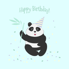 Happy Birthday card with panda wearing a hat and holding bamboo