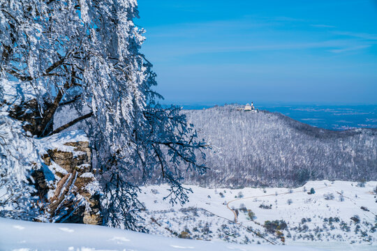 Germany, Historical castle teck ruins on swabian alb mountain teckberg covered with white snow in winter wonderland nature landscape scene, a magical view