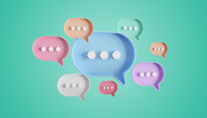 Minimalist blue red orange purple speech bubbles talk icons floating over green background. Modern conversation or social media messages with shadow. 3D rendering - obrazy, fototapety, plakaty