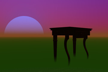 table in green fog sun on the horizon pink sky surrealism 3d rendering