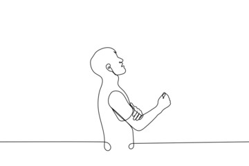 man threw his head up opened his mouth intercepted his hand with fist in elbow area - one line drawing vector. battle cry concept, desperate cry, tennis elbow pathology