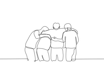Crowd of young men hugging - one line drawing vector. concept tired or bowing group of people hugging