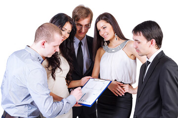 A working group of girls and guys discuss a business project