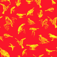 Seamless pattern with floral romantic elements, for your design. Endless texture, sketch humming-birds, watercolor flowers, isolated Vector illustration.