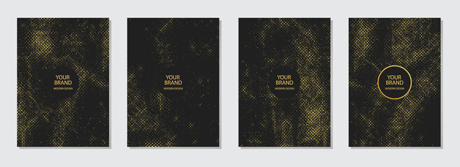 Cover design set. Collection of vertical templates. Grunge golden marble texture. Geometric black backgrounds. Stylish idea for the design of brochure, catalog, book, poster, flyer, invitation.