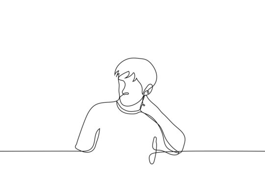 man is embarrassed rubbing the back of his neck - one line drawing vector. concept of doubt and indecision, neck problems, neck pain