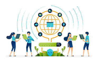 Illustration of access internet network that is encrypted for security in operating search engines. database big data management. Can be used for landing page, website, apps, poster, flyers, banner