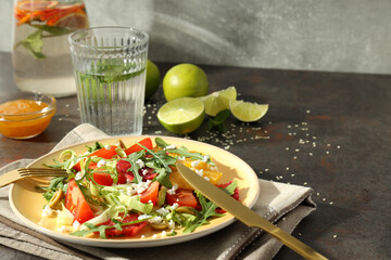 Concept of tasty food, salad with red orange, space for text