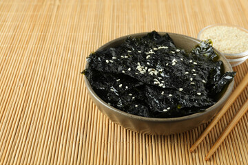 Concept of Japanese food, seaweed nori, space for text