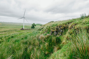 Windfarm, Scotland - Walking trail and wind turbines on wind farm on a sunny day.