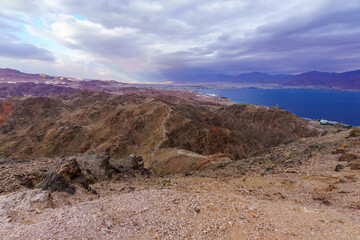 Eilat, its mountains, the Gulf of Aqaba, from Mount Tzfahot