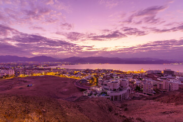 Winter sunrise view of Eilat, Aqaba and the Gulf