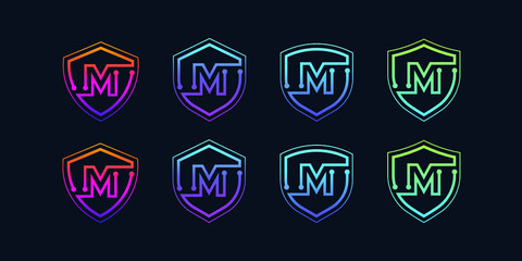Obraz premium Letter M logotype with Line Dots and Cyber Shield Security Logo Digital Technology Business Company
