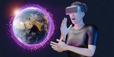 Naklejka premium hologram globe woman wearing vr glasses virtual reality navigation technology travel planning world map 3d illustration