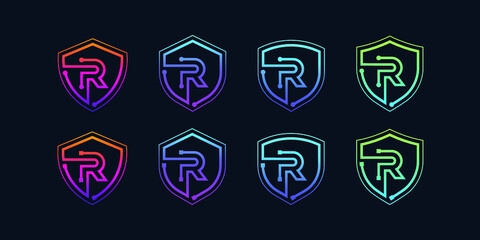Letter R logotype with Line Dots and Cyber Shield Security Logo Digital Technology Business Company